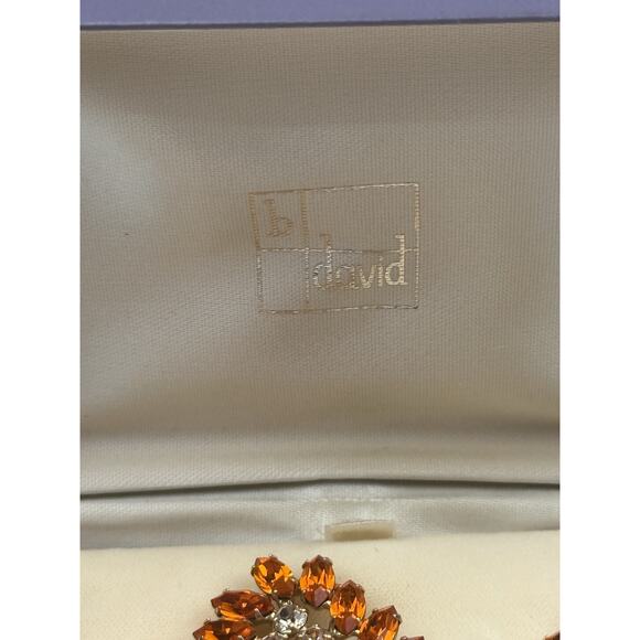 B. David Vintage Brooch & Clip On Earrings Orange Rhinestone Original Box - Picture 6 of 6
